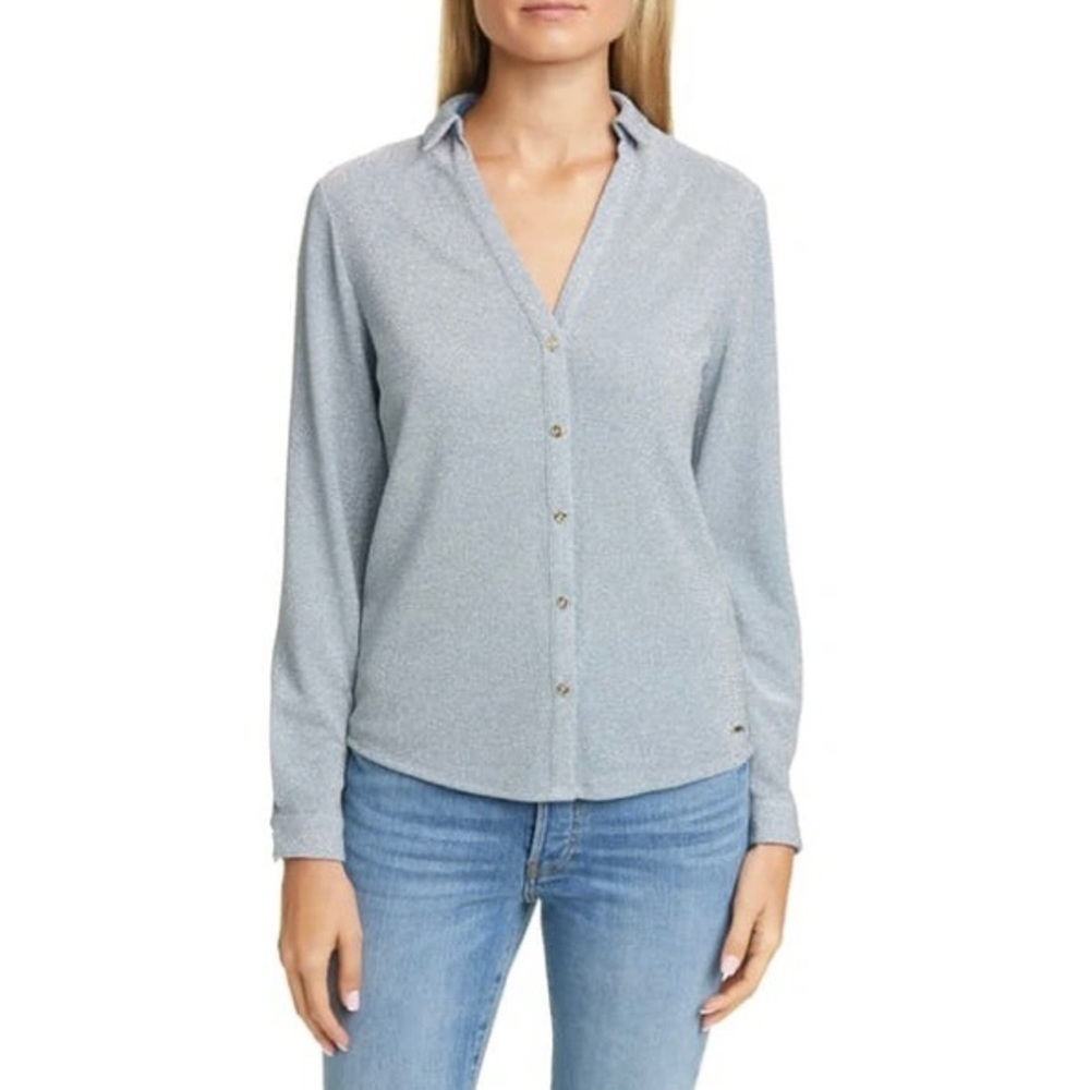 NWT Ted Baker Colour By Numbers Castelo Lurex Woven Button Up Shirt Light Blue
